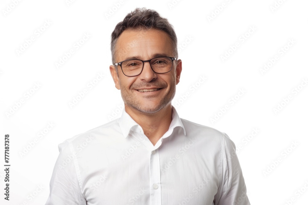 Happy middle aged businessman in white shirt isolated on white. Happy middle aged businessman in white shirt isolated on white.