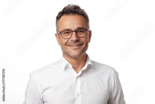 Happy middle aged businessman in white shirt isolated on white.