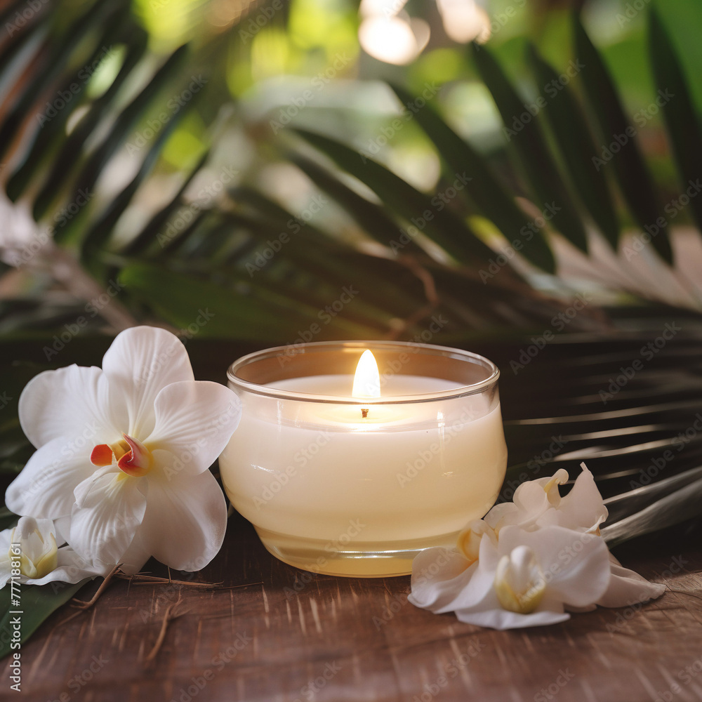 A candle and plumerai on a wooden table. Tranquil ambiance created by the flickering candlelight and delicate plants.