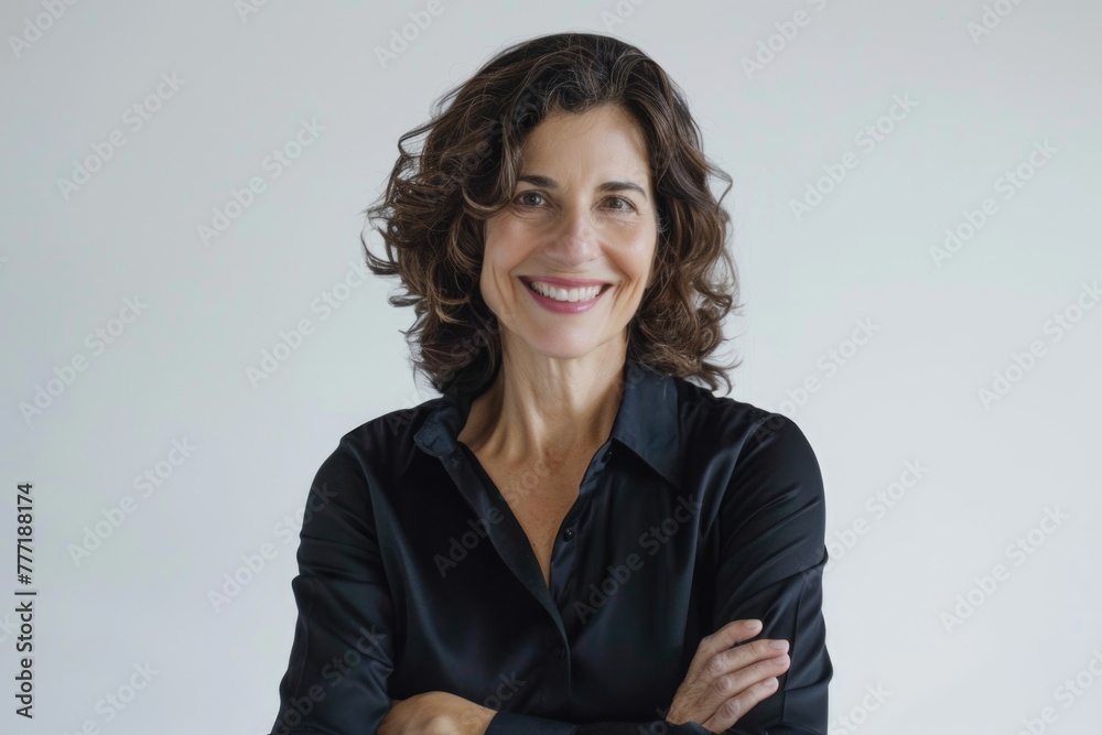 Confident businesswoman with folded hands and toothy smile