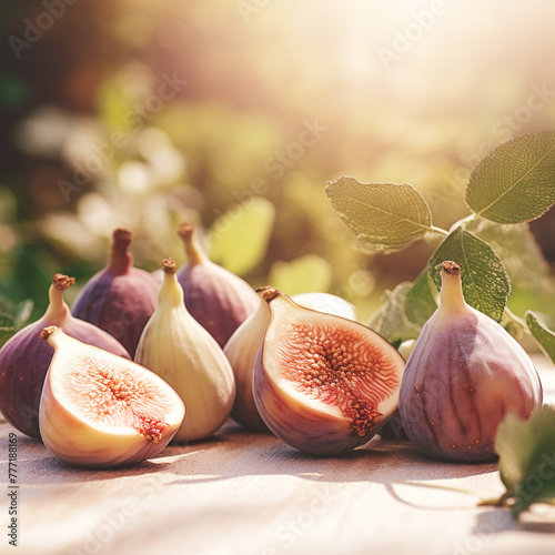 Freshly cut figs in sunny outdoor setting. Earhy sweetness of ripe figs arranged invitingly on a rustic wooden table. © iconogenic
