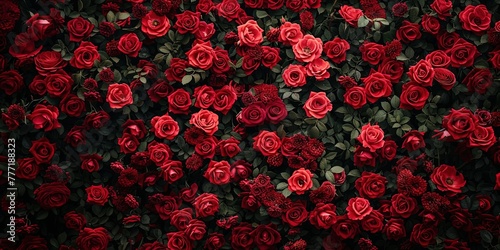 Red roses with dark green leaves wall background © Людмила