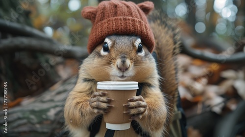 A squirrel wearing a hat and holding coffee cup in its mouth, AI