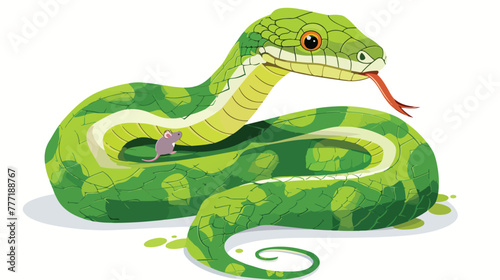 Cartoon green snake eating a mouse flat vector isolated