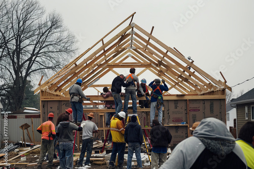 Teamwork-focused photography displaying construction workers raising a truss for a house's roof structure amidst an overcast sky.