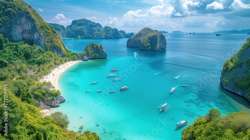 Boats at the beauty beach with limestone cliff and crystal clear water in Thailand photo