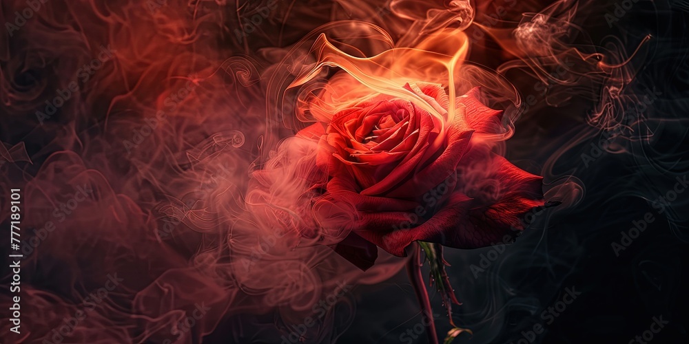 Red rose in smoke on a dark background romance