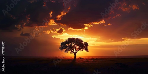 Silhouette of a lone tree in the steppe against the sunset © Людмила