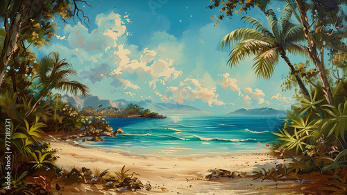 Serene coastal scene with a sandy beach, turquoise waters, and palm trees.