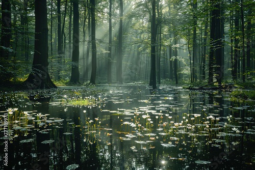 minimalistic forest with ray of sun and reflections in the water, flowers in the water 