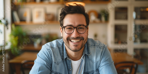 Groomed man with glasses smiles confidently in a cozy environment photo