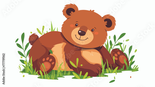 Cartoon happy baby bear in the grass flat vector isolated