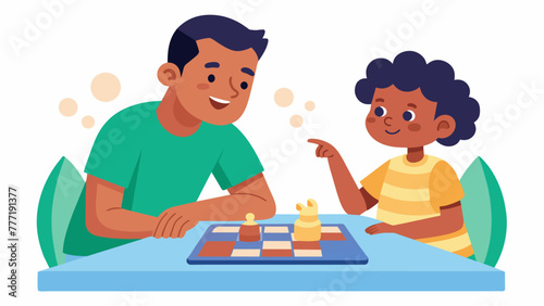A parent and child sit at a table playing a game that requires strategy. The parent patiently explains the rules and allows the child to make