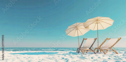 3d rendering of two beach chairs and umbrella on white sand at the bottom right side  clear blue sky background