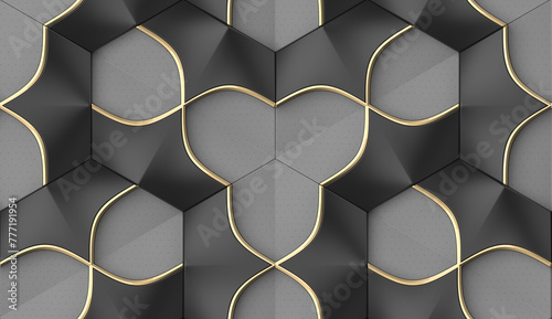 Luxurious 3D Geometric Wallpaper with Golden Accents photo