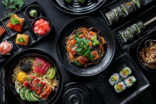 An assortment of Asian dishes displayed in a takeaway setting, showcasing a harmony of colors and textures