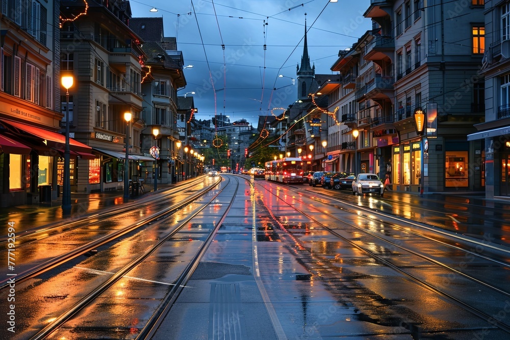 Blitz of city street with tram tracks in the evening after rain, center, lights on buildings and cars Blitz of city street with tram tracks in the evening after rain, center, lights on buildings and cars