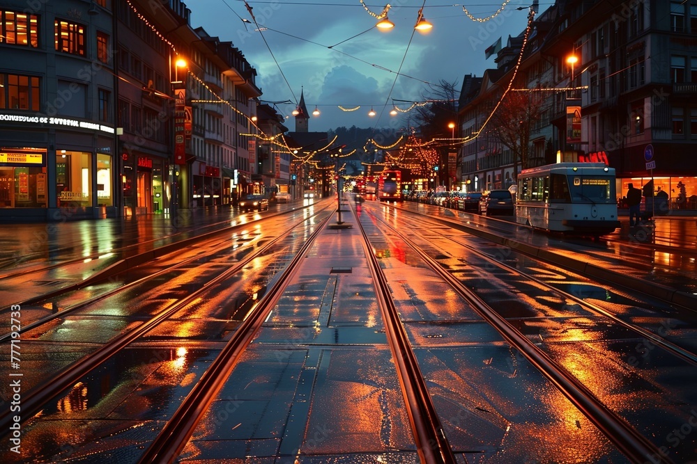 Obraz premium Blitz of city street with tram tracks in the evening after rain, center, lights on buildings and cars