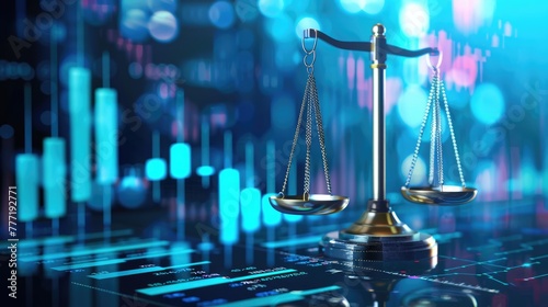 Law scales on blurred background of analytics data, statistics, graphs and charts. Concept of economic balance, financial success, audit or market growth