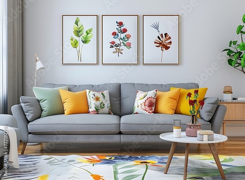Minimalist interior of a living room with a grey sofa, colorful decorative pillows, 