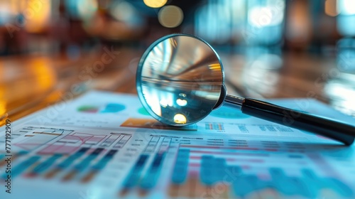 Magnifying glass and documents with analytics data lying on table. Background with statistics, graphs and charts. Concept of economic balance, financial success, audit or market growth