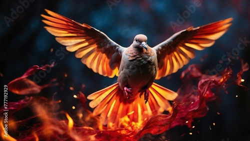 A dove in flight emerges from a large tumultuous of fiery colors, symbolizing peace and resilience in the face of chaos and upheaval