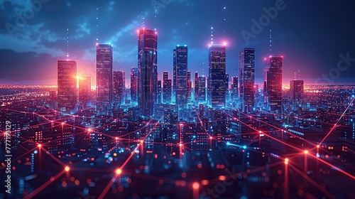 Futuristic Urban Nightscape: Abstract City Lights and Towering Skyscrapers Illuminating the Dark Streetscape