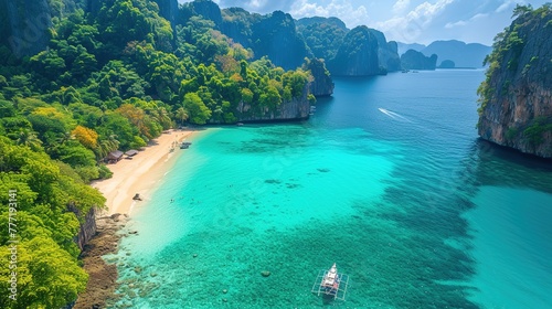 Boats at the beauty beach with limestone cliff and crystal clear water in Thailand photo