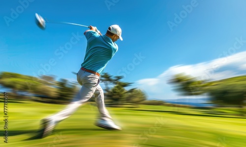 A golfer swinging his club at a golf club in motion photo