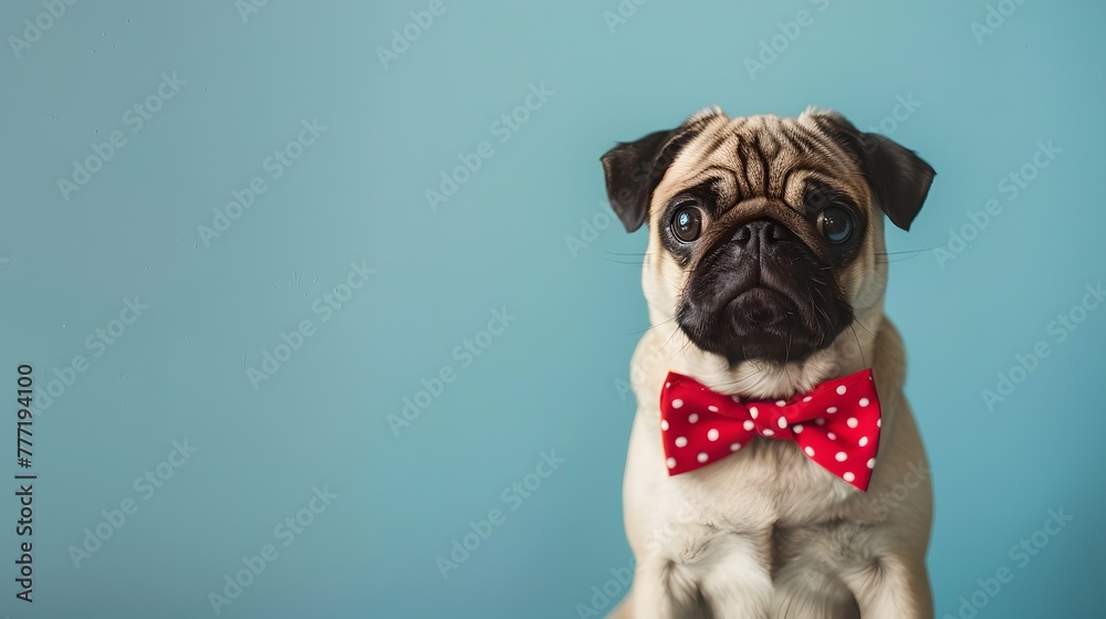 Charming Pug Wearing a Red Bow Tie Against a Blue Background. Perfect for Pet Fashion and Lifestyle. Cute Canine Portrait. AI