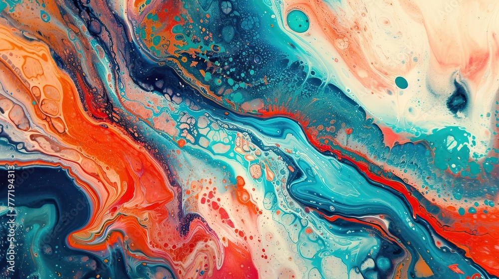 Vibrant abstract acrylic pour painting with a colorful blend of orange, yellow, blue, and white creating a dynamic, fluid art background.