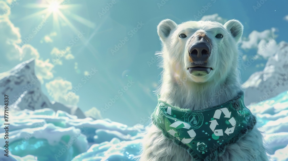 A polar bear with a green bandana with recycle sign stands in a snowy landscape, with bright sunlight and clear blue skies above. A polar bear with a green bandana with recycle sign stands in a snowy landscape, with bright sunlight and clear blue skies above.