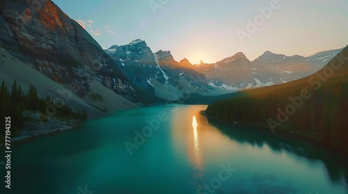 The emerald waters of Moraine Lake at sunset photo