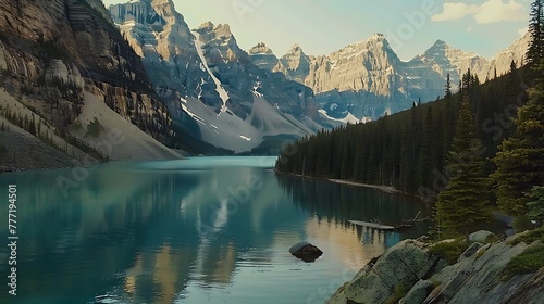 The emerald waters of Moraine Lake at sunset