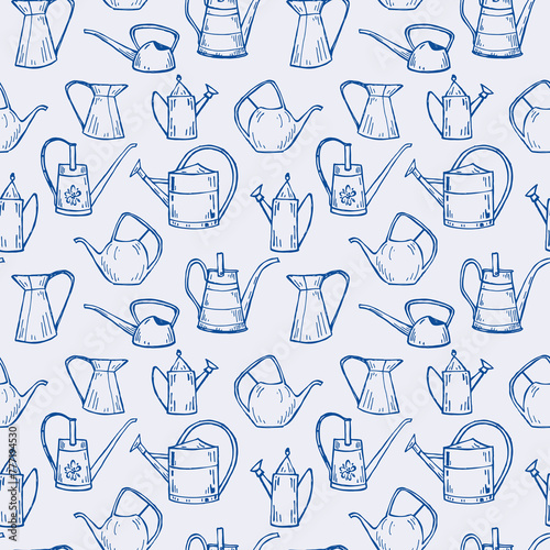 Seamless pattern with different garden watering cans.