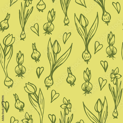 Seamless pattern with sketches of bulbous flowers. In green.
