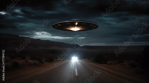 Mysterious UFO hovering over a lone car on a desolate road at night. Sci-fi scene expressing tension. Ideal for thriller book covers. AI