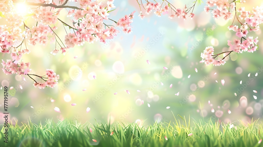 Tranquil Spring Scene with Blossoming Cherry Trees and Fresh Green Grass. Perfect for Backgrounds and Nature Themes. Serene Landscape Design. AI