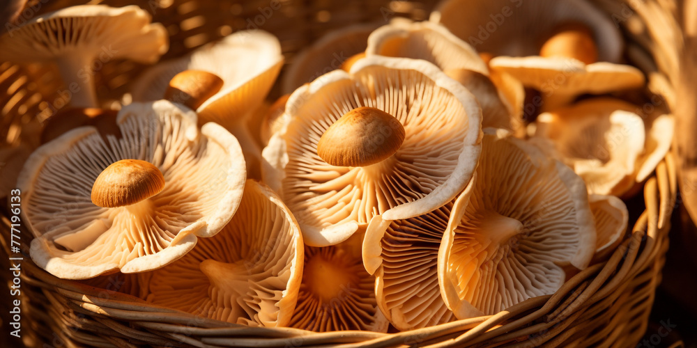 top view close up of a mushroom basket are displayed on the garden сreated with Generative Ai top view close up of a mushroom basket are displayed on the garden сreated with Generative Ai