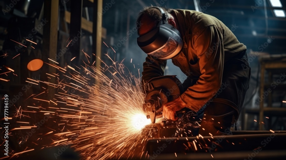 a man using grinder Cutting to cut metal in the factory a man using grinder Cutting to cut metal in the factory
