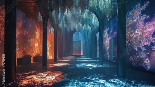 Mystical corridor with colorful galaxy projections on walls  creating a dreamy cosmic atmosphere.