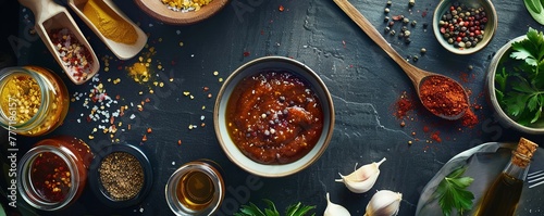 top view shot of a dipping sauce product photography, set in a modern kitchencounter with surrounded ingredients