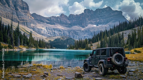 Fototapeta Naklejka Na Ścianę i Meble -  car parked next to a beautiful lake with mountains.