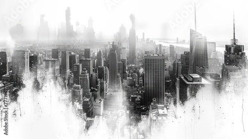 Black and white sketch city with reflection drawing.