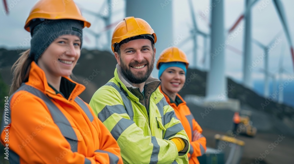 engineers stand smiling looking at the camera working on a wind farm. Renewable energy production station engineers stand smiling looking at the camera working on a wind farm. Renewable energy production station