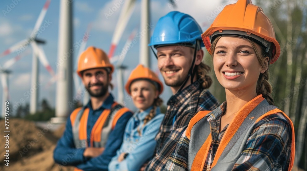 engineers stand smiling looking at the camera working on a wind farm. Renewable energy production station engineers stand smiling looking at the camera working on a wind farm. Renewable energy production station