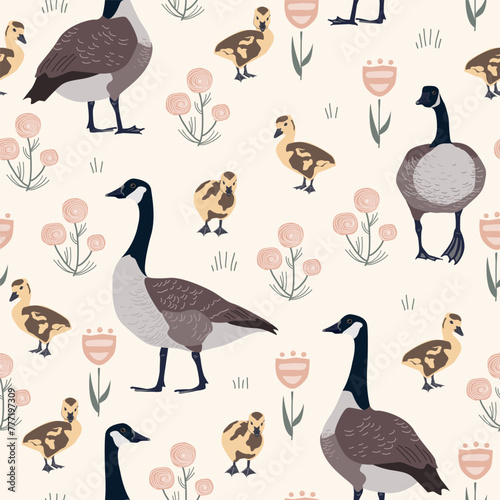 Seamless pattern with doodle meadow flowers and cute Canada geese. Cute floral nursery print. Vector illustration © Toltemara