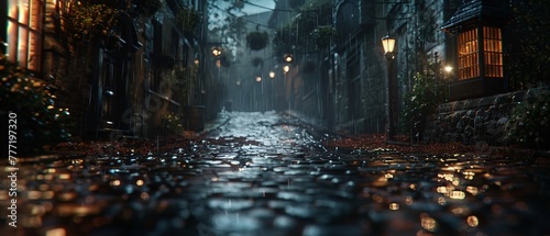 Rain-soaked cobblestone street at night, glowing lanterns, and a hint of mystery, hyper-realistic photo
