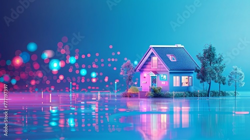 3D illustration of smart home system with house and icons, blue background photo