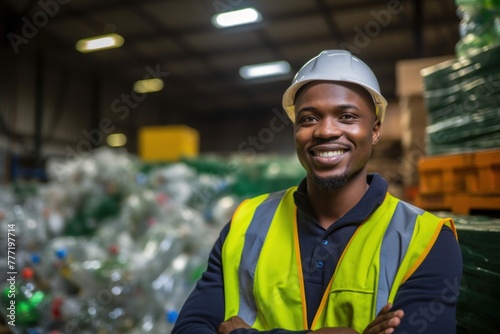 engineer standing and looking back at plastic bottles in recycling industry